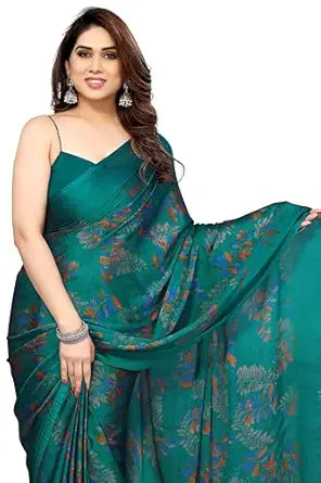 MIRCHI FASHION Saree for Woman Chiffon Leaf Printed | Lightweight Daily Wear Comfortable Women's Sari with Blouse Piece (Available in 30 Styles)