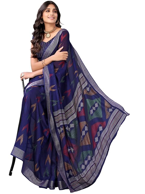 SIRIL Women's Cotton Printed Saree With Unstitched Blouse Piece