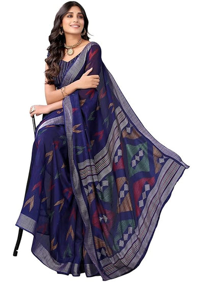 SIRIL Women's Cotton Printed Saree With Unstitched Blouse Piece