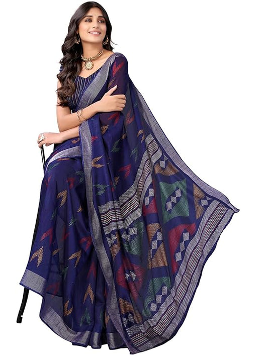 SIRIL Women's Cotton Printed Saree With Unstitched Blouse Piece
