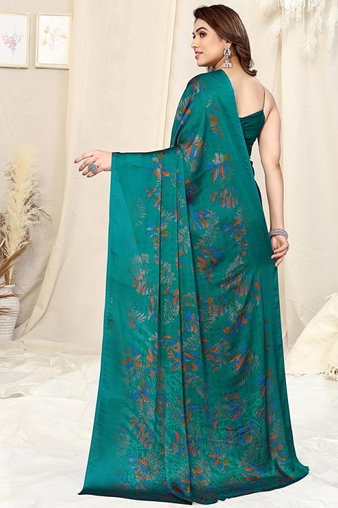 MIRCHI FASHION Saree for Woman Chiffon Leaf Printed | Lightweight Daily Wear Comfortable Women's Sari with Blouse Piece (Available in 30 Styles)