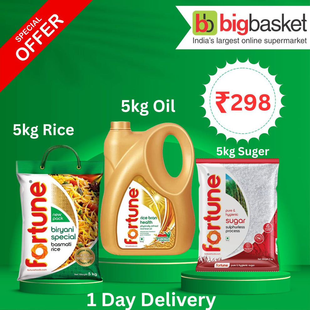 Bigbasket Offer today Combo of 5 kg Fortune oil+ 5 kg sugar+ 5 kg Basmati rice