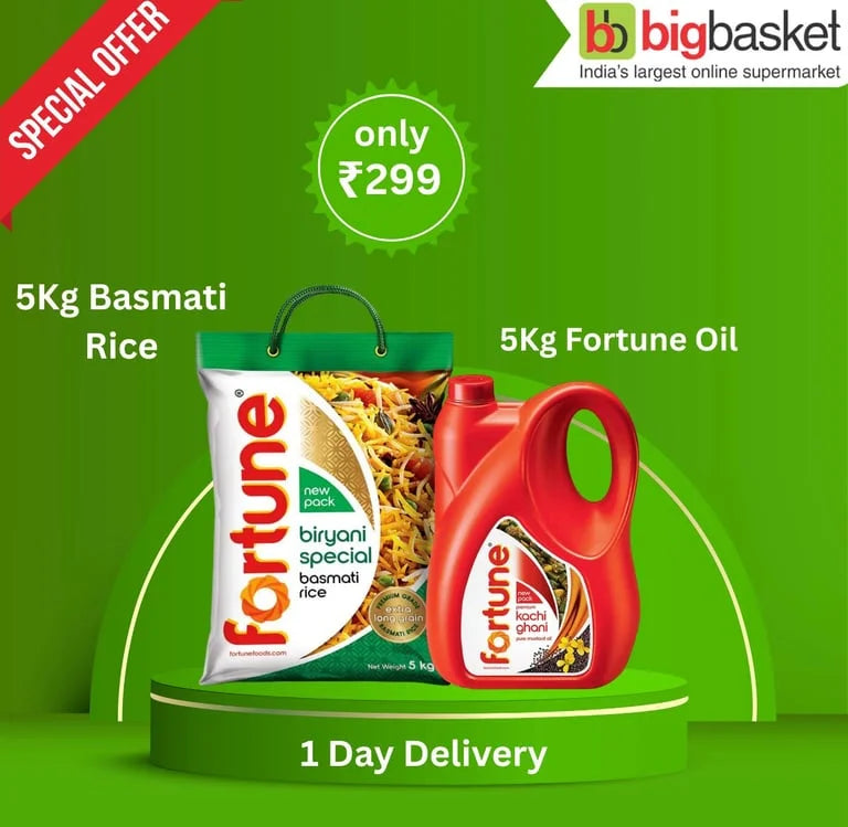 Bigbasket Offer today online Buy 5Kg Basmati Rice + 5L Fortune Oil