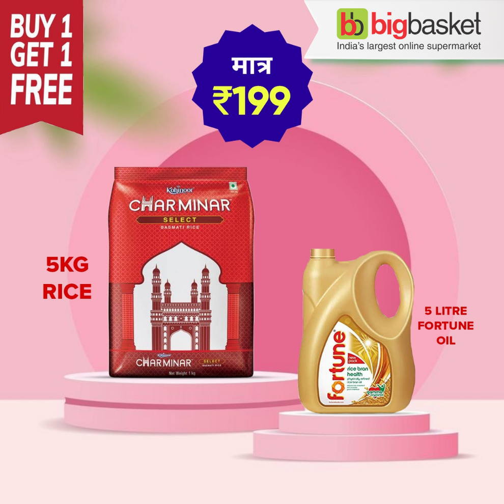 Bigbasket Offer today online Get Basmati Rice 5kg+ Fortune Rice Bran 5L