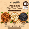 (3KG - 1Kg*3) Dry Fruits Combo Pack of 3 - (Almonds, Cashews, Blck Raisins) - Healthy Dry Fruit Snacks